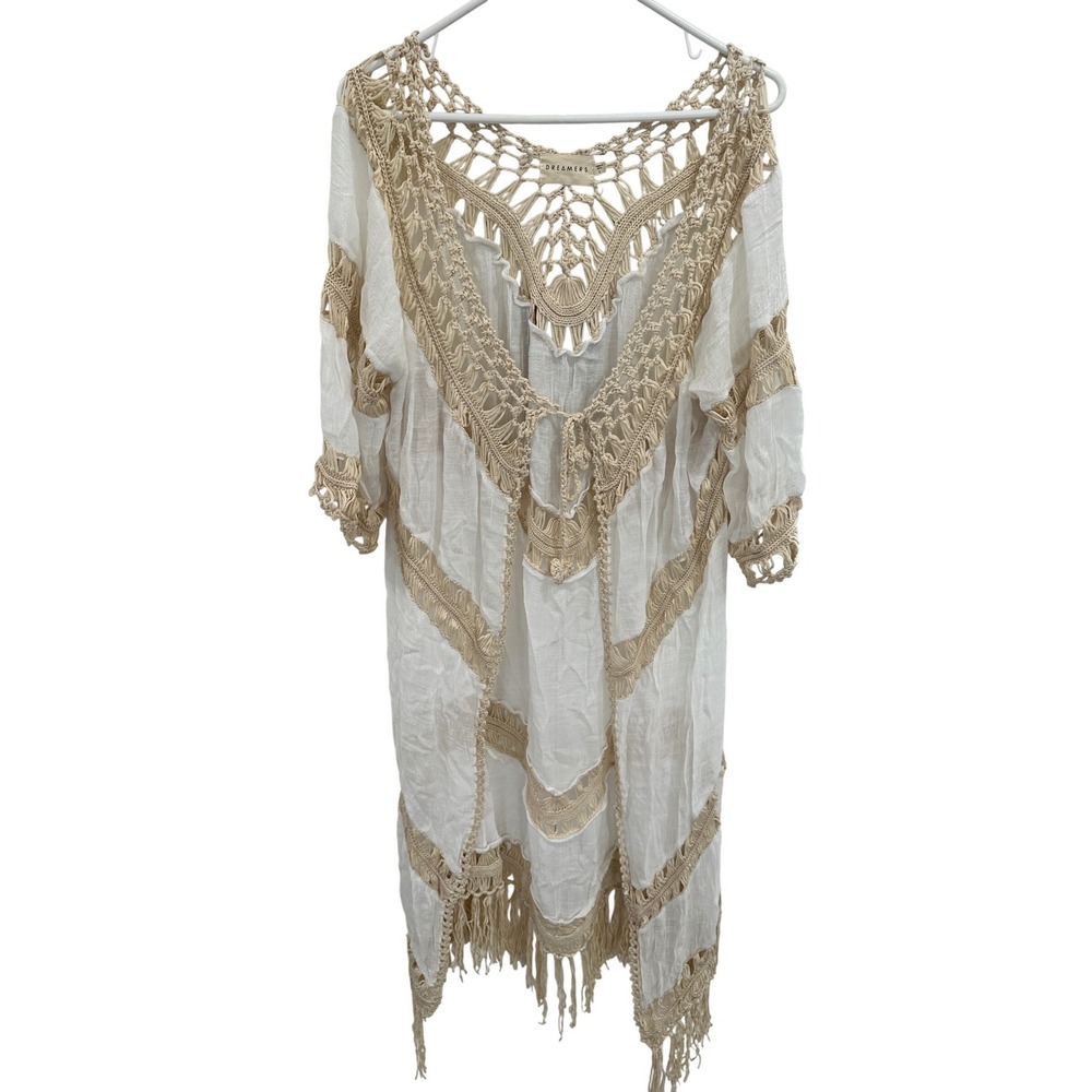 Dreamers by Debut White Crochet Trim Fringe Swim Cover Up Kimono Large